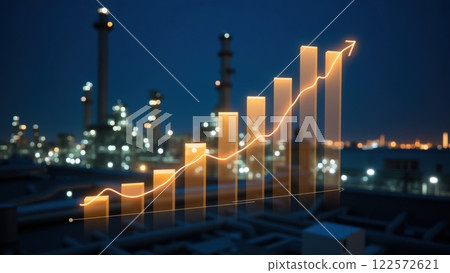Night View of Oil Refinery with Bright Lights 122572621
