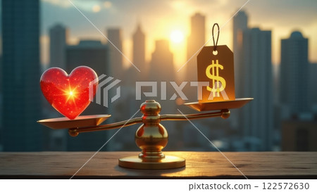 Golden Scale Balancing Heart and Money at Sunset Golden Scale Balancing Heart and Money at Sunset 122572630