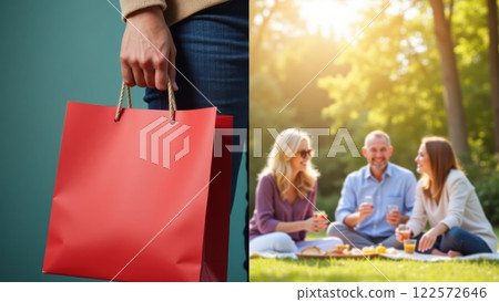 Colorful Bag and Friends Enjoying Outdoor Gathering Colorful Bag and Friends Enjoying Outdoor Gathering 122572646