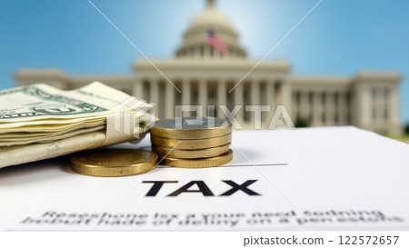 Stack of Currency and Coins with Government Building 122572657