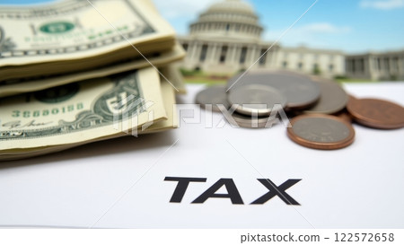 Stacked Currency and Coins on Tax Document 122572658