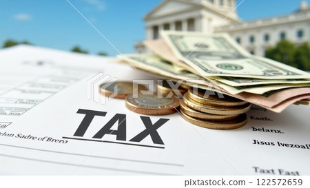 Stack of Currency and Coins on Tax Documents 122572659