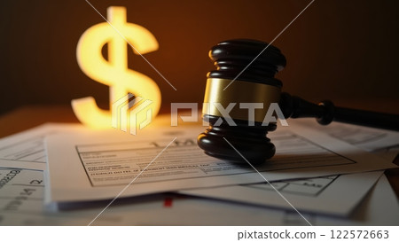 Gavel Resting on Tax Documents with Dollar Symbol 122572663