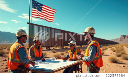 Large Wall Construction with Workers and American Flag 122572664