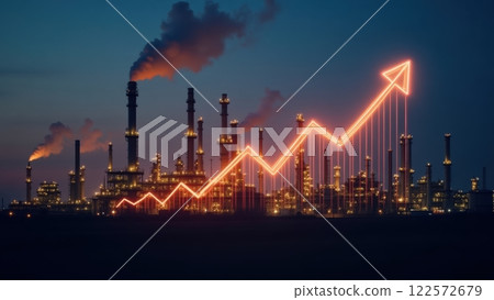 Industrial Oil Refinery with Towering Smokestacks at Dusk 122572679