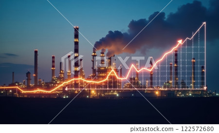 Industrial Oil Refinery with Smokestacks and Graph 122572680