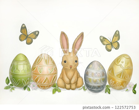A whimsical bunny surrounded by decorated eggs and butterflies A whimsical bunny surrounded by decorated eggs and butterflies 122572753