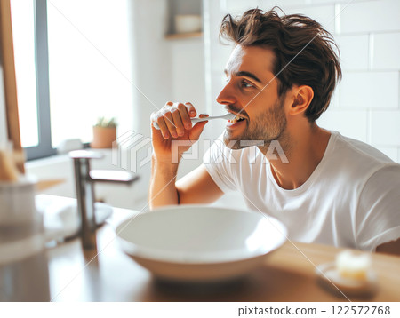 Young man brushing his teeth in a bright modern bathroom with natural light 122572768