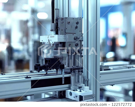 Close-up of a factory assembly line with metallic machinery components 122572772