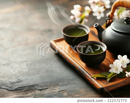 Traditional Japanese tea set with green tea and cherry blossoms Traditional Japanese tea set with green tea and cherry blossoms 122572773