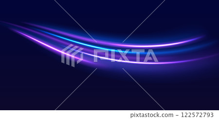 Speed police line. Laser beams, horizontal light rays. Magic shining neon light line trails. Purple glowing wave swirl, impulse cable lines. High speed effect motion blur night lights 122572793