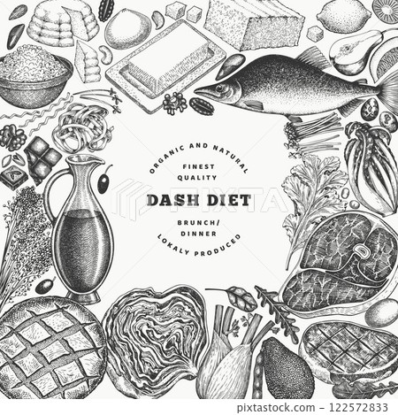 Dash Diet Design Template. Vector Hand Drawn Healthy Food Banner. Vintage Style Menu Illustration. 122572833