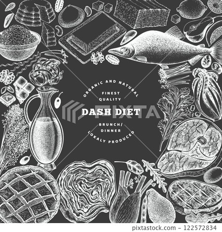 Dash Diet Design Template. Vector Hand Drawn Chalk Board Healthy Food Banner. Vintage Style Menu Chalkboard Illustration. 122572834