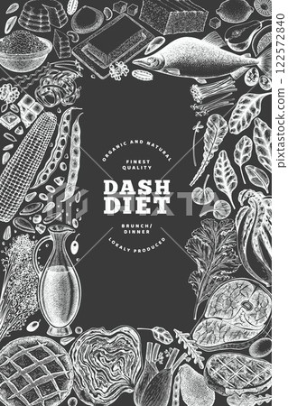 Dash Diet Design Template. Vector Hand Drawn Chalk Board Healthy Food Banner. Vintage Style Menu Chalkboard Illustration. 122572840