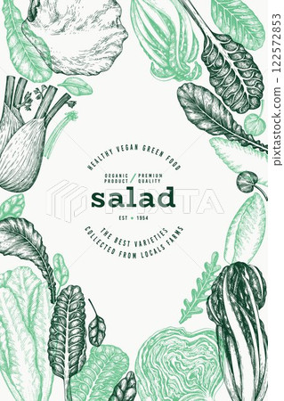 Green Vegetable Design Template. Vector Hand Drawn Healthy Leaf Salad Banner. Vintage Style Menu Illustration. 122572853