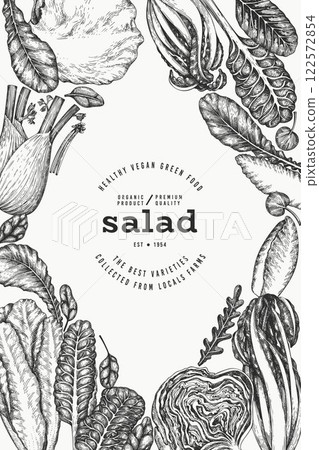 Green Vegetable Design Template. Vector Hand Drawn Healthy Leaf Salad Banner. Vintage Style Menu Illustration. 122572854