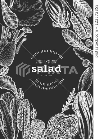 Green Vegetable Design Template. Vector Hand Drawn Healthy Leaf Salad Banner. Vintage Style Menu IllustrationOn Chalk Board. Green Vegetable Design Template. Vector Hand Drawn Healthy Leaf Salad Banner. Vintage Style Menu IllustrationOn Chalk Board. 122572855