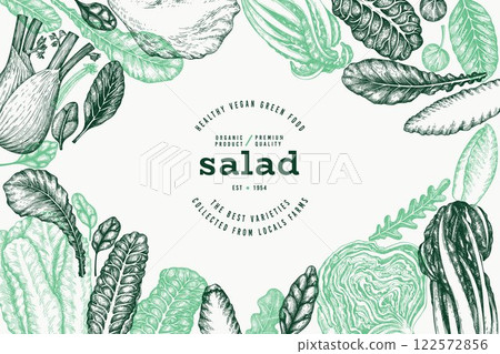 Green Vegetable Design Template. Vector Hand Drawn Healthy Leaf Salad Banner. Vintage Style Menu Illustration. Green Vegetable Design Template. Vector Hand Drawn Healthy Leaf Salad Banner. Vintage Style Menu Illustration. 122572856