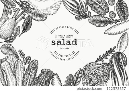 Green Vegetable Design Template. Vector Hand Drawn Healthy Leaf Salad Banner. Vintage Style Menu Illustration. 122572857
