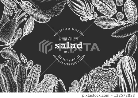 Green Vegetable Design Template. Vector Hand Drawn Healthy Leaf Salad Banner. Vintage Style Menu IllustrationOn Chalk Board. 122572858