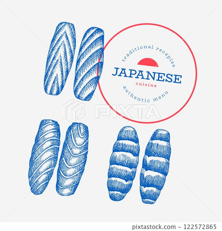 Japanese Cuisine Illustration. Sushi Hand Drawn Vector Illustrations. Retro Asian Food Isolated Image. Japanese Cuisine Illustration. Sushi Hand Drawn Vector Illustrations. Retro Asian Food Isolated Image. 122572865