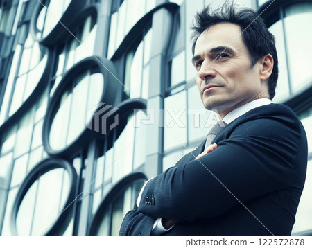 Confident businessman in a formal suit standing with arms crossed against a modern architectural backdrop Confident businessman in a formal suit standing with arms crossed against a modern architectural backdrop 122572878