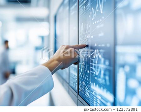 Person interacting with futuristic digital interface displaying data 122572891