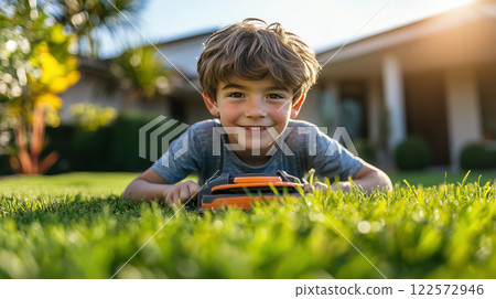 Smiling boy lying on grass with lawn mower, enjoying outdoor fun 122572946