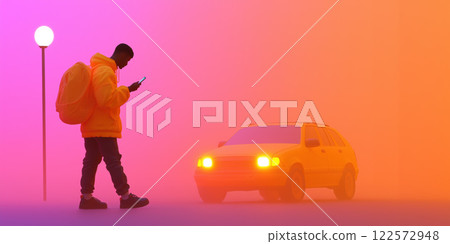 person in yellow hoodie checks their phone near yellow car in foggy urban scene 122572948