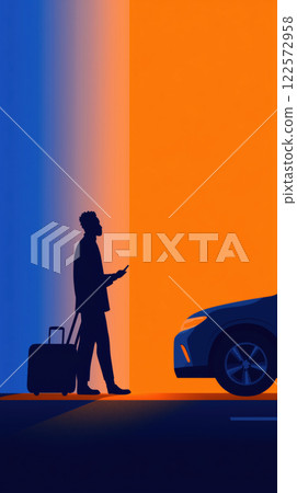 traveler with suitcase waits for ride sharing car in vibrant setting 122572958