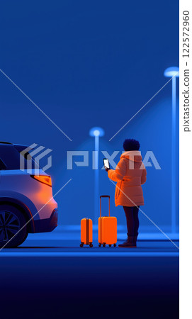 traveler with orange luggage waits by car at night, checking their phone 122572960