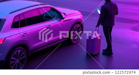 traveler with suitcase waits for ride sharing car in vibrant lighting 122572974