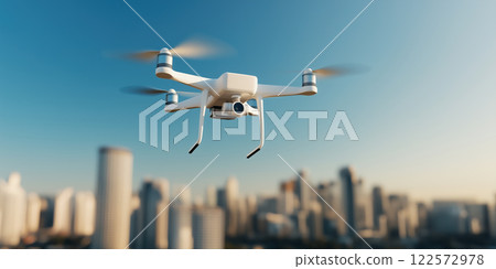 drone flying above city skyline, showcasing modern technology and urban life 122572978