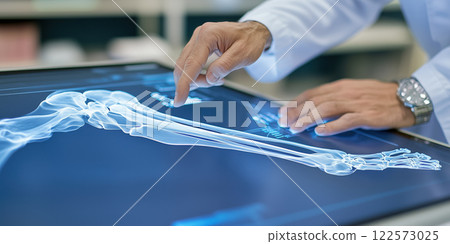 doctor examining digital MRI scan of patient leg with precision doctor examining digital MRI scan of patient leg with precision 122573025
