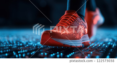 Close up of glowing running shoe on futuristic surface, showcasing technology 122573038