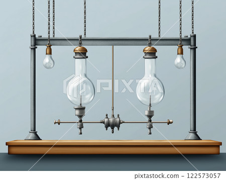 Illustrative setup of Newtons laws with suspended glass bulbs and metallic components on a wooden base 122573057