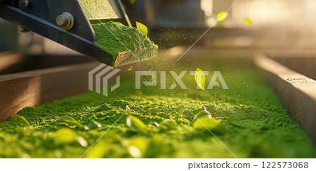 Fresh green tea powder is being processed with vibrant leaves falling 122573068