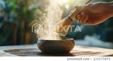 hand whisking matcha in bowl, steam rising in serene setting hand whisking matcha in bowl, steam rising in serene setting 122573073