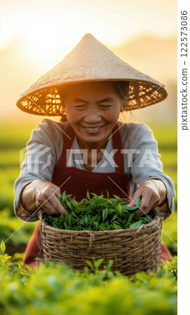 joyful woman harvesting tea leaves in serene farm setting at sunset 122573086
