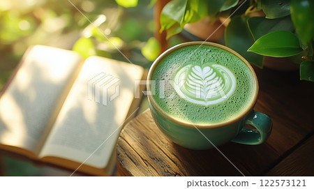 vibrant green matcha latte with leaf art beside open book 122573121