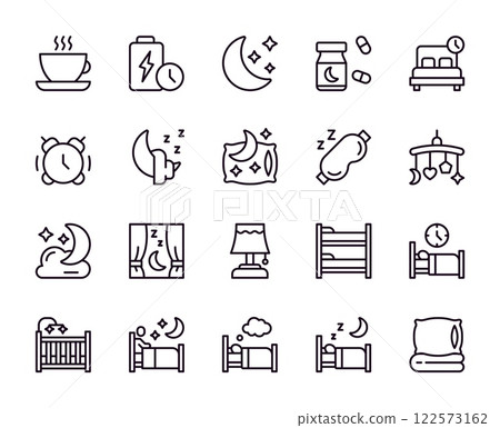 Sleep icons. Line bed. Night dream. Pillow and blanket. Moon at sky. Insomnia in bedroom. Outline nap sign. Hotel comfort. Battery time. Cradle bedding. Sleeping pill. Vector symbols set Sleep icons. Line bed. Night dream. Pillow and blanket. Moon at sky. Insomnia in bedroom. Outline nap sign. Hotel comfort. Battery time. Cradle bedding. Sleeping pill. Vector symbols set 122573162