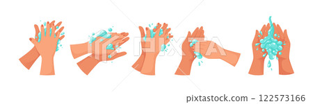 Hand wash. Clean arms with soap foam. Kid personal hygiene. Girl rubbing wet palms. Cartoon boy cleaning fingers skin. Child nails care with water or shampoo. Vector toilet routine Hand wash. Clean arms with soap foam. Kid personal hygiene. Girl rubbing wet palms. Cartoon boy cleaning fingers skin. Child nails care with water or shampoo. Vector toilet routine 122573166