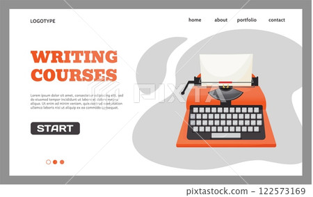 Writing courses landing page. Authors education. Typewriter keyboard. Novel writer. Website design template. Literature typing. Redactors or journalists learn classes. Vector background 122573169