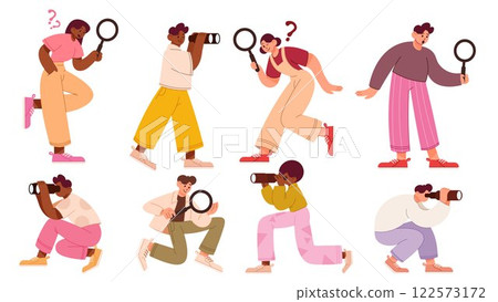 People investigate. Woman search by magnifier. HR characters work. Business information search. Persons holding magnifying glasses in hands. Crime investigation. Vector detectives set 122573172
