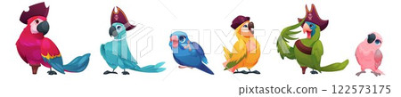 Parrot characters. Happy bird in sailor hat. Ocean pirate captain. Animal mascot with fun telescope. Cute sea parakeet. Funny macaw. Exotic bright feathers. Vector cartoon avian set 122573175