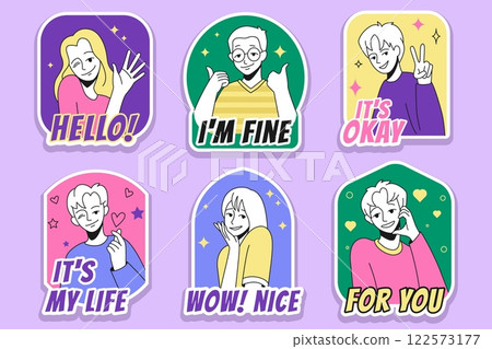 People sticker. Cute hand drawn badge. Cartoon portraits with good phrases. Funny ok gestures. Positive man. Happy trendy woman. Love hearts. Hello lettering. Vector vintage signs set 122573177
