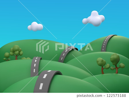 3D roads. Summer hills. Car drive roadway. Green grass. Country trip. Sky clouds. Highway route. Countryside scenic landscape. Nature trees. Asphalt speedway. Vector render background 3D roads. Summer hills. Car drive roadway. Green grass. Country trip. Sky clouds. Highway route. Countryside scenic landscape. Nature trees. Asphalt speedway. Vector render background 122573188