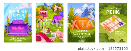 Picnic poster. Camp park outdoor concert, food and music summer party background, eco street fest. Invitation banner on festival. Tent in forest. Vector cartoon flat isolated illustration set 122573193