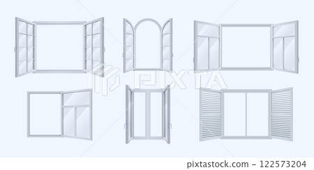 Realistic window. 3D open or close glass casements. Country facade decoration. Clear interior wall. Wooden frame. Home windowsill. Architecture constructions. Vector windowpanes set 122573204