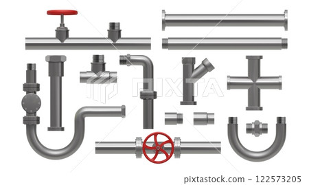 Metal plumbing pipe. 3D steel water tube. Stainless iron plumb or pipeline for fitting gas industry. Taps and valves. Industrial drainage system. Sewerage construction parts vector set 122573205